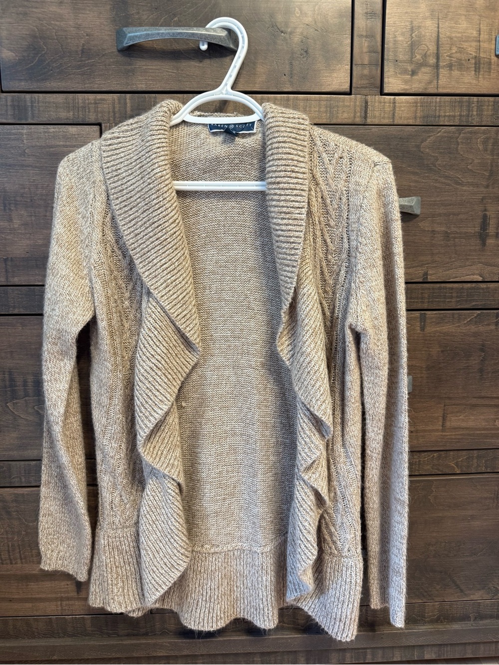 Karen Scott Beige Ruffle-Front Open Cardigan
